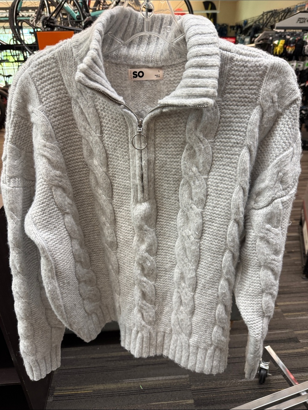 SO Light Gray Cable Zip-Up Sweater, Size Large